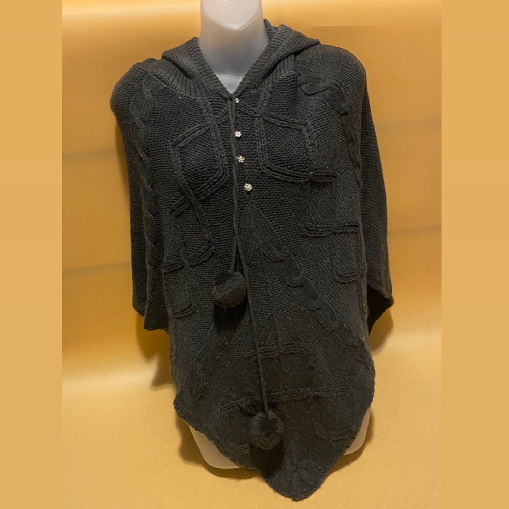 Majora Grey Knit Poncho With Rhinestones & Pom Pom
